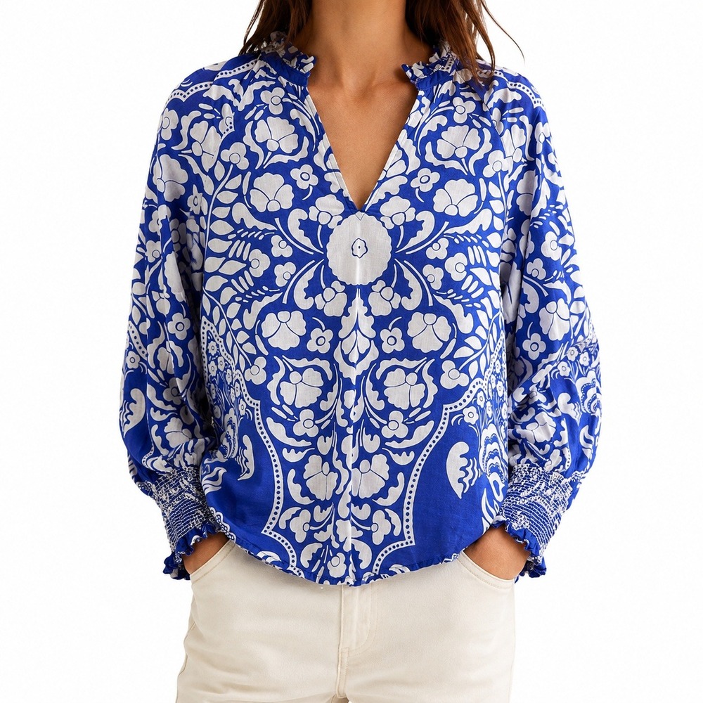 Boden Boho Floral Medallion Blouse Ruffle V-Neck Smocked Cuff Women 2 Blue White